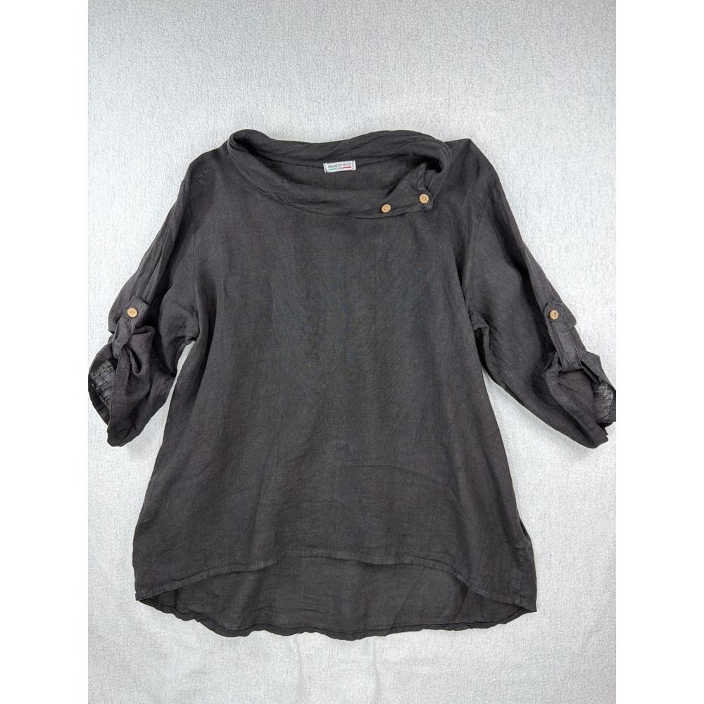 INSTIME Italy 100% Linen Cowl Neck Top One Size OS Charcoal Grey Lagenlook